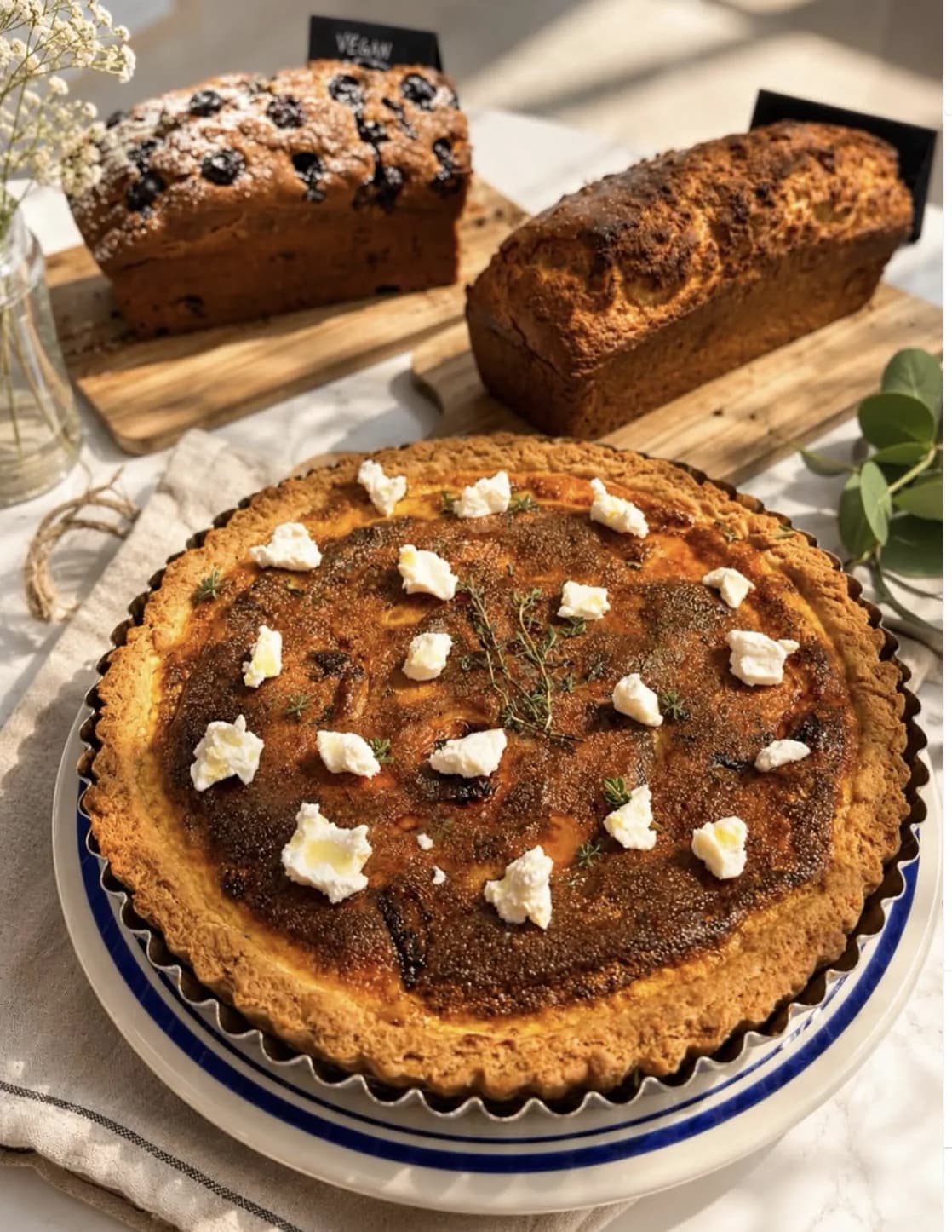 A Mediterranean tart scattered with goat cheese and thyme, with a vegan blueberry loaf and a second loaf on a board behind it.